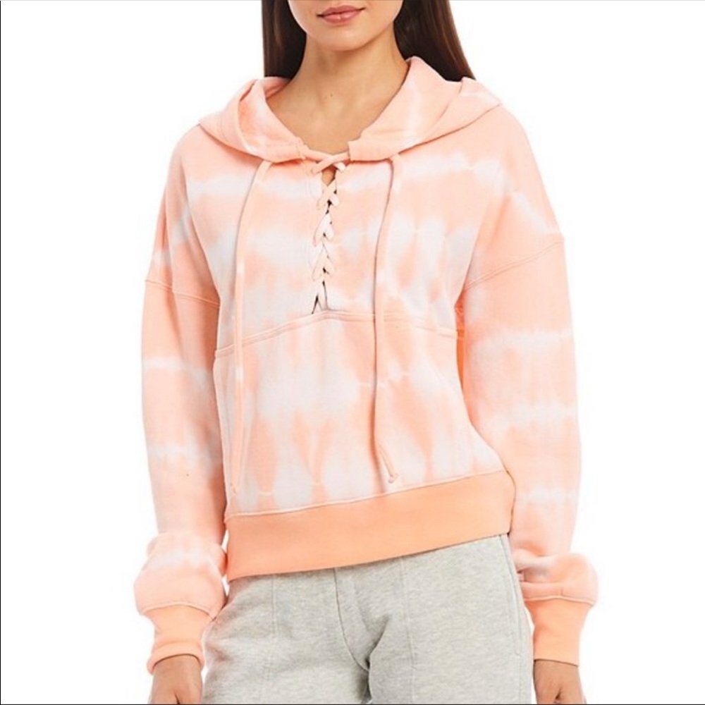 Free People Tie Dye Pullover Believer Lace Up Hooded Sweatshirt Top Medium